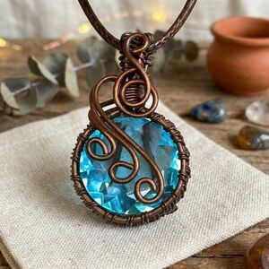 βGenuine Blue Quartz Copper Wire Wrapped Necklace 18" Boho Artisan Pendant Gift